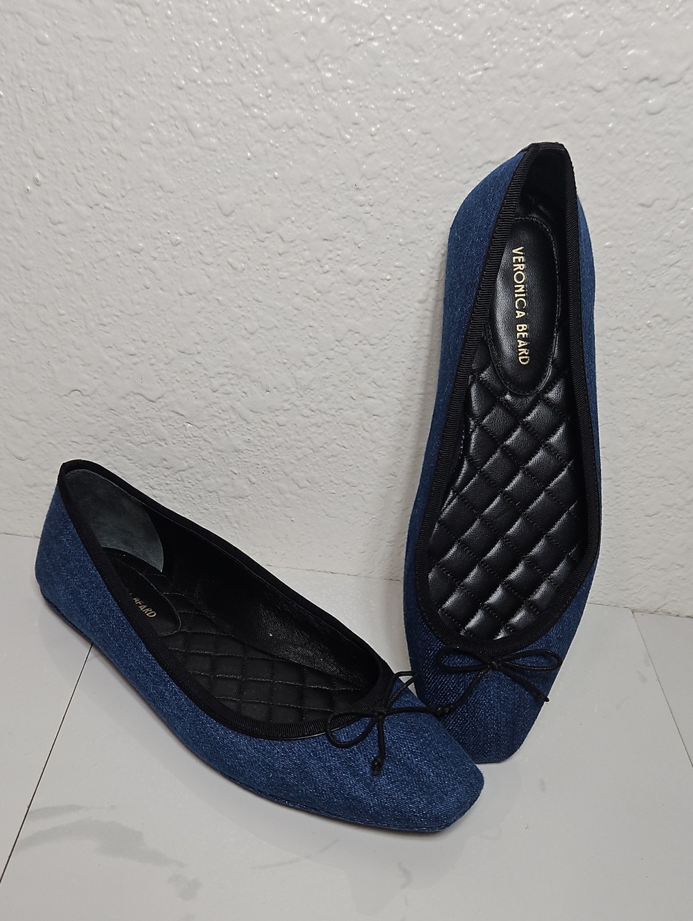 Veronica Beard Beatrix Denim Ballet Flats Blue Square Toe Bow Size 8M